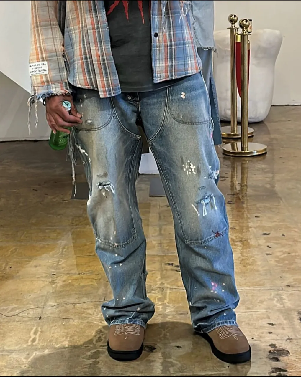 651#Gallery Dept New Retro Old Splashed Paint Holes Dirty Feng Shui Washed Mud Dyeing Logging Workwear Jeans American High Street Casual Workwear Trousers Washed Blue S～XL p290